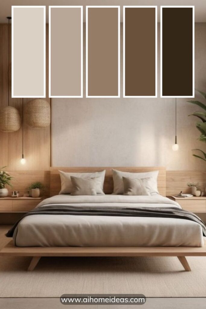 Transform Your Bedroom with the Perfect Color Tone Minimalist modern bedroom with neutral brown color palette, wooden furnishings, and ambient lighting. | Sky Rye Design Minimalist modern bedroom with neutral brown color palette, wooden furnishings, and ambient lighting.
