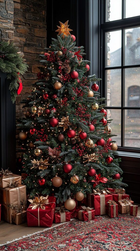Festive Christmas tree with red and gold ornaments, gifts underneath, and a glowing star topper by a window.