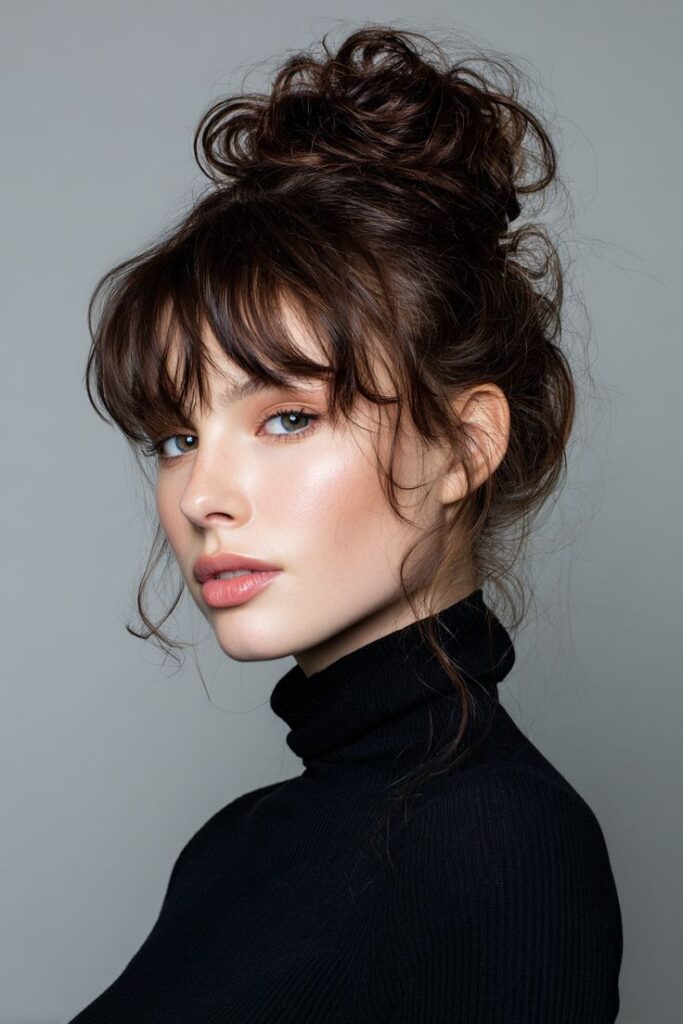 Elegant woman with dark hair in an updo, wearing a black turtleneck, looking sideways with a neutral expression.