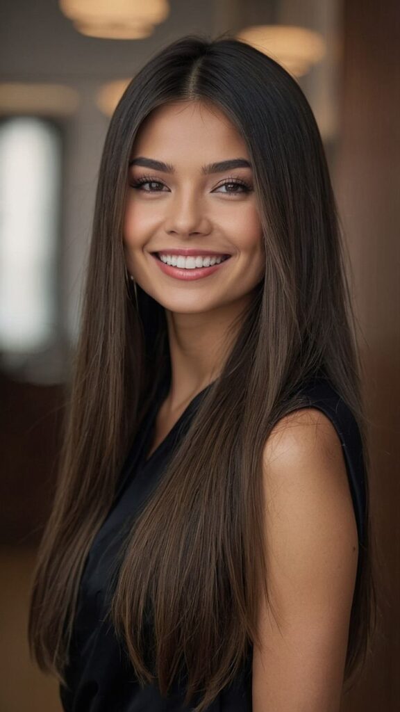 Transform Your Tresses with These 15 Shiny Straight Hair Ideas Smiling woman with long, straight hair and a black top in an indoor setting. | Sky Rye Design Smiling woman with long, straight hair and a black top in an indoor setting.
