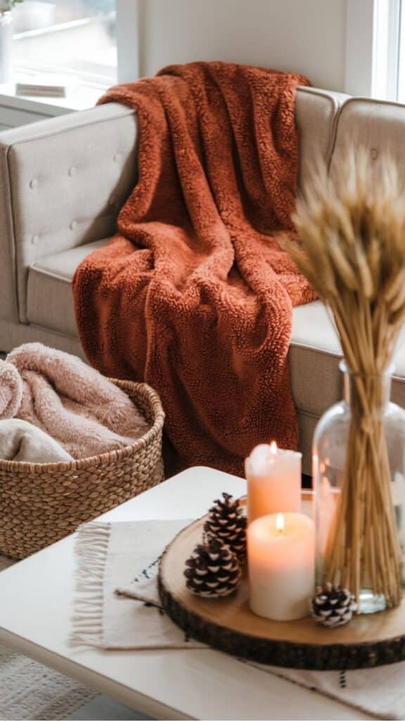 Cozy living room with orange blanket on sofa, candles, pinecones, and basket, creating a warm autumn ambiance.