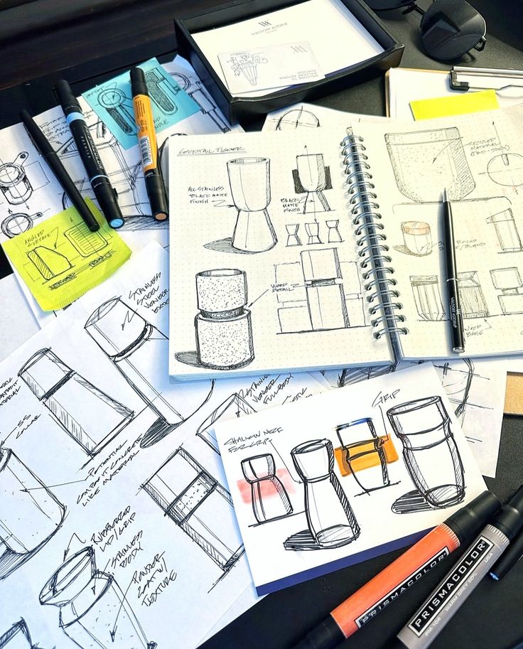 Travel Sketching ✍🏼+✈️ San Francisco Edition Industrial design sketches of containers with markers and notebooks on a desk. | Sky Rye Design Industrial design sketches of containers with markers and notebooks on a desk.