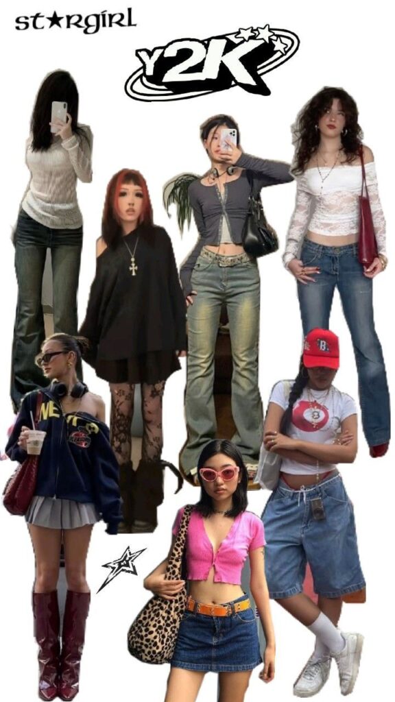 Collage of Y2K fashion styles featuring jeans, skirts, and accessories, with Stargirl and Y2K text graphics. Y2K fashion