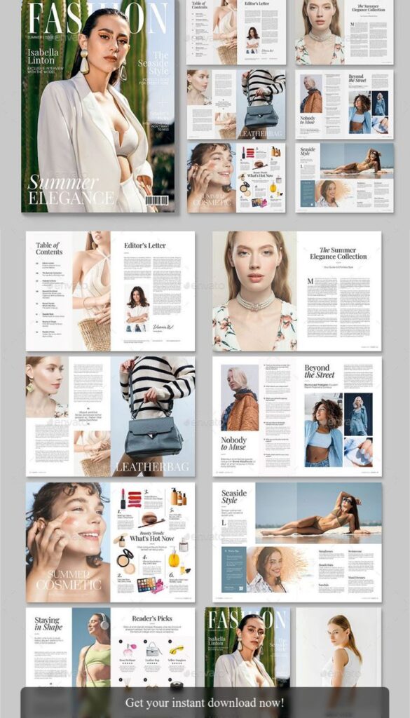 Fashion magazine layout featuring summer elegance, beauty tips, and seaside style articles and images.
