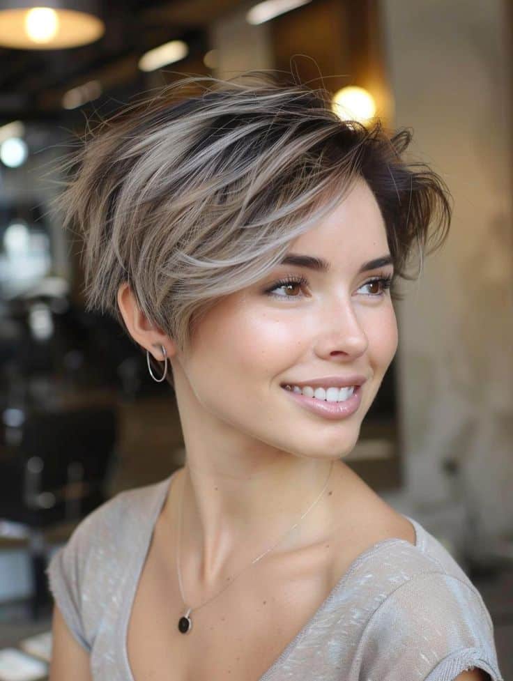 Close-up of a woman with a stylish short layered haircut, smiling in a modern salon setting.
