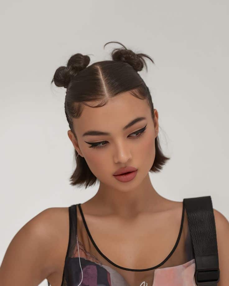 Young woman with stylish space buns hairstyle, wearing a sleeveless top, looking down in a studio setting.