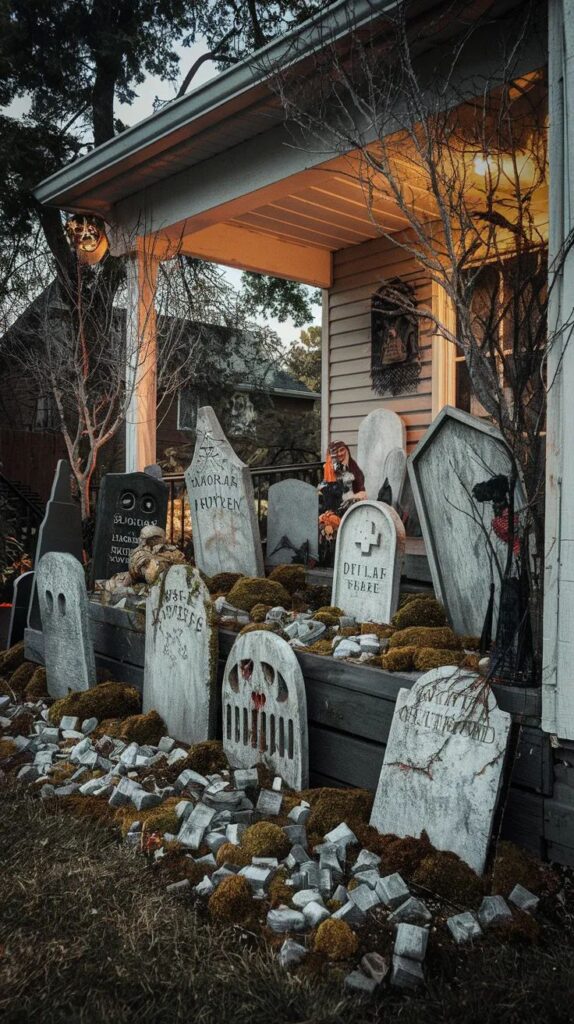 Spooky Halloween porch with tombstones and creepy decorations, creating a haunted graveyard scene.