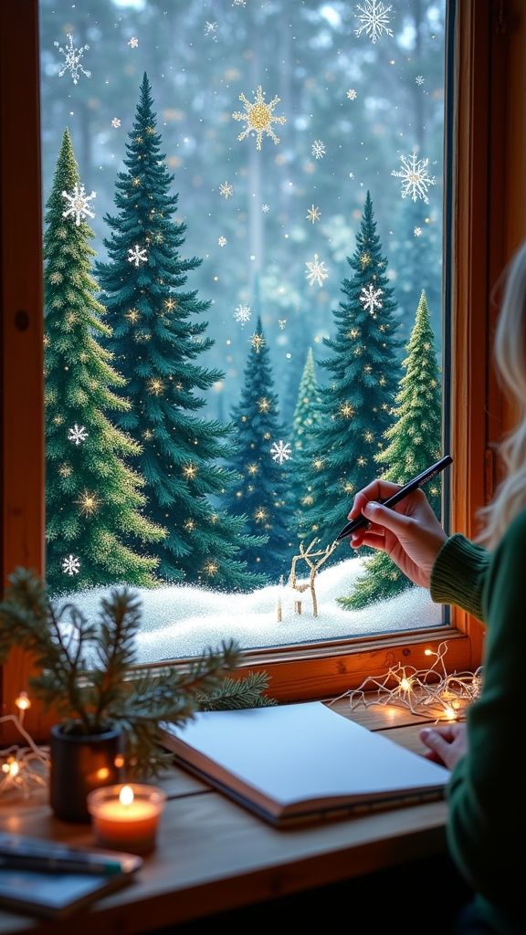 Person drawing winter scene on window with snowy forest and reindeer, cozy ambiance with fairy lights and candles.