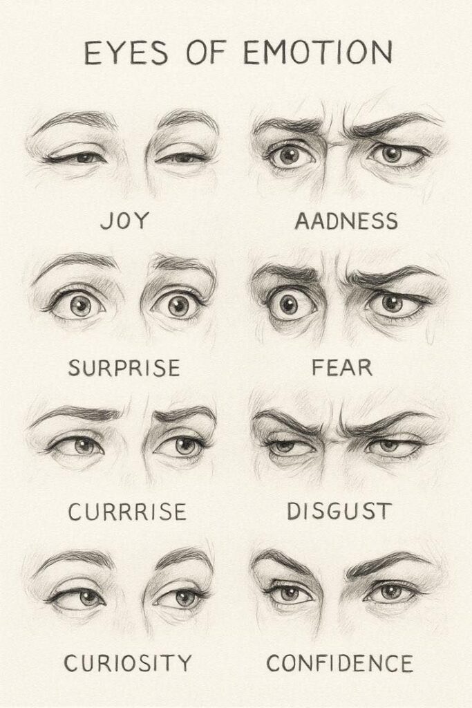 Illustrated emotions through eye expressions: joy, sadness, surprise, fear, curiosity, disgust, confidence.