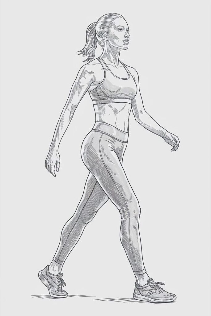 Sketch of a woman in athletic wear walking confidently, emphasizing fitness and active lifestyle.