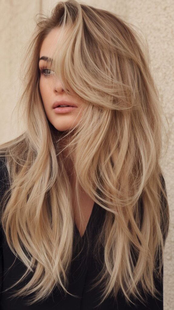 Woman with long, wavy blonde hair and a black outfit, showcasing a modern hairstyle against a neutral background.