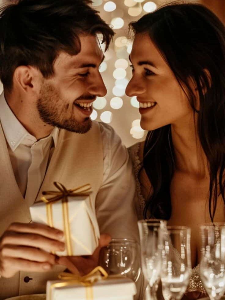 Unique and Romantic 10th Wedding Anniversary Ideas Couple smiling at a festive dinner table with wrapped gifts, surrounded by warm lighting and decorations. | Sky Rye Design Couple smiling at a festive dinner table with wrapped gifts, surrounded by warm lighting and decorations.