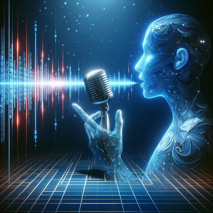 Unlocking Your Digital Voice_ The Quick and Easy Guide with Eleven Labs - Futuristic digital representation of AI speaking into a microphone with visual sound waves in a tech-themed setting. | Sky Rye Design Futuristic digital representation of AI speaking into a microphone with visual sound waves in a tech-themed setting.