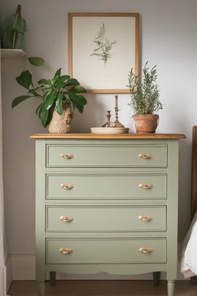 Vintage green dresser with plants and framed art, creating a cozy, earthy bedroom decor vibe.