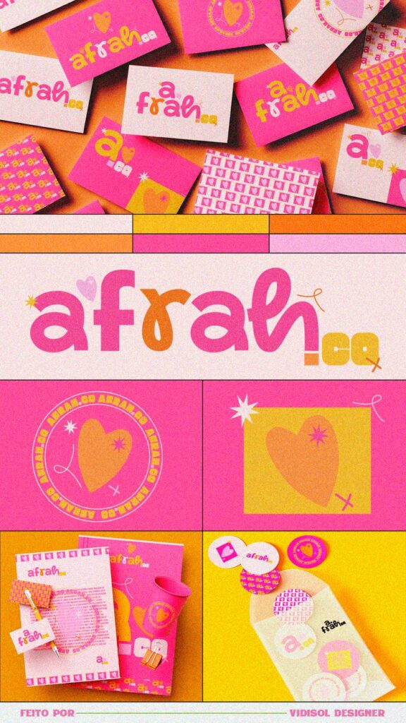 Bright branding design with afrah.co logo in pink, orange, and yellow on various stationery items.
