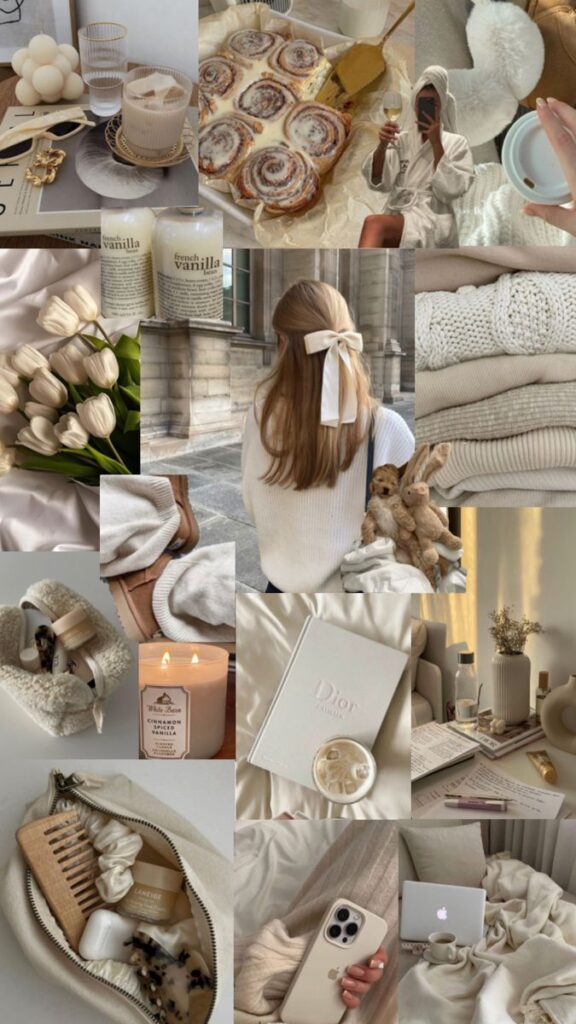 Cozy aesthetic collage featuring cinnamon rolls, soft fabrics, white tulips, and calming home elements.