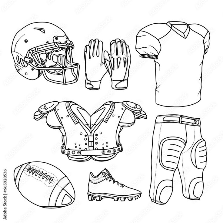 Illustrated American football gear set including helmet, gloves, jersey, shoulder pads, ball, cleats, and pants.