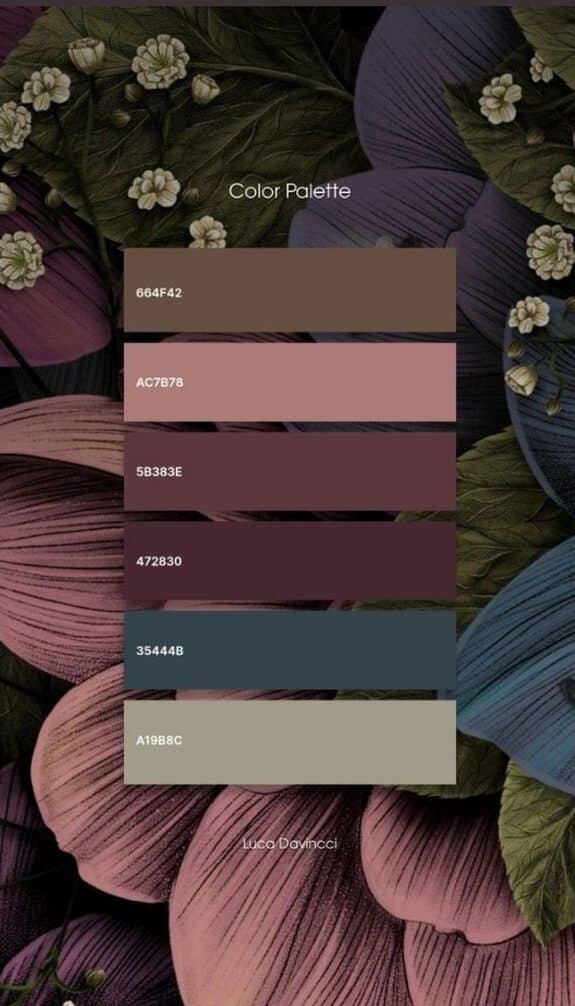Vibrant Moodboard Inspirations_ PlayStation Store Color Palettes Designs Floral-themed color palette with six swatches: brown, pink, mauve, burgundy, blue-gray, olive. | Sky Rye Design Floral-themed color palette with six swatches: brown, pink, mauve, burgundy, blue-gray, olive.