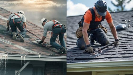 Viewing Deck Blog 1 Roofers repairing and installing shingles on house roofs, showcasing roofing maintenance and construction work. | Sky Rye Design Roofers repairing and installing shingles on house roofs, showcasing roofing maintenance and construction work.