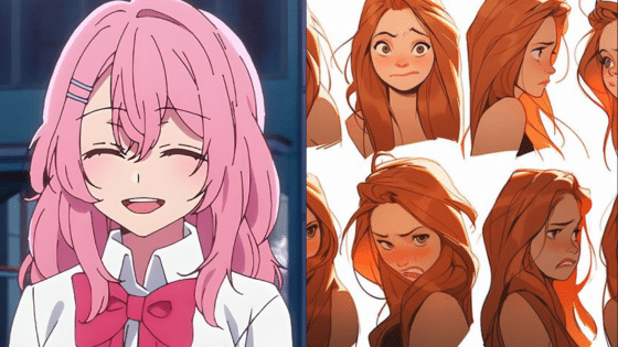 Smiling anime girl with pink hair and different expressions of a woman with long orange hair in various poses.