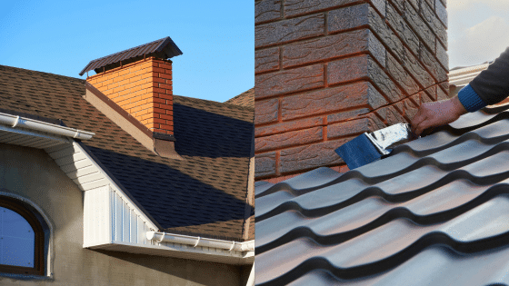 Viewing Deck Blog 1 Brick chimney on a shingle roof and hands repairing a chimney flashing on a metal roof. | Sky Rye Design Brick chimney on a shingle roof and hands repairing a chimney flashing on a metal roof.