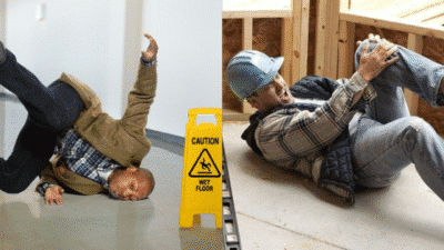 Two men fall on different surfaces; one near a wet floor sign, the other at a construction site holding his leg in pain.