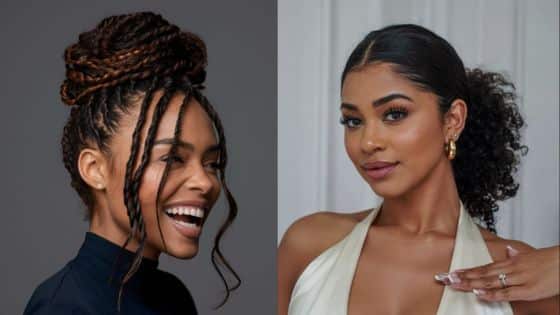 Two women with stylish braided updo and curly hairstyles, showcasing elegant and modern hair fashion.