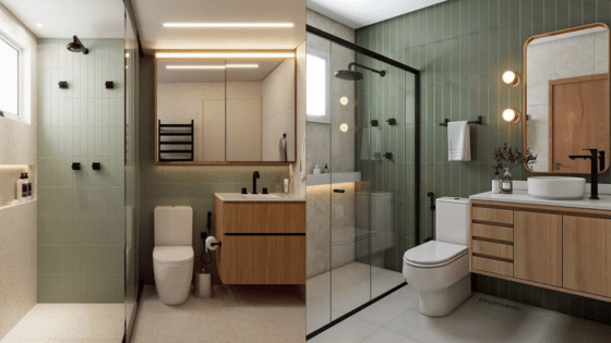 Viewing Deck Blog 1 Modern bathroom design with glass shower, green tiles, and wooden cabinetry. Minimalist aesthetic with warm lighting. | Sky Rye Design Modern bathroom design with glass shower, green tiles, and wooden cabinetry. Minimalist aesthetic with warm lighting.