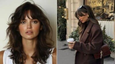 Stylish woman with layered haircut poses indoors and outdoors with coffee in hand, wearing a brown coat.