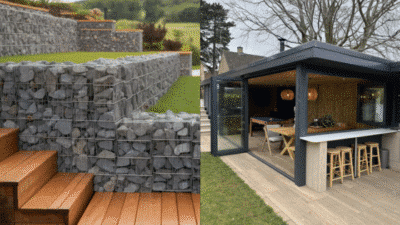 Modern garden with gabion walls and a stylish outdoor room with glass doors and bar seating.