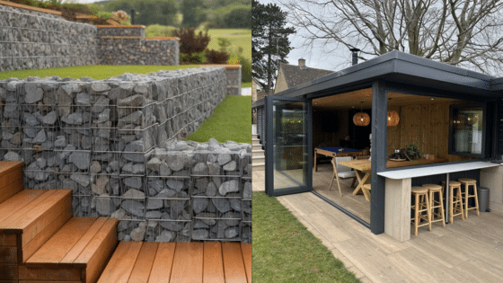 Viewing Deck Blog 1 Modern garden with gabion walls and a stylish outdoor room with glass doors and bar seating. | Sky Rye Design Modern garden with gabion walls and a stylish outdoor room with glass doors and bar seating.