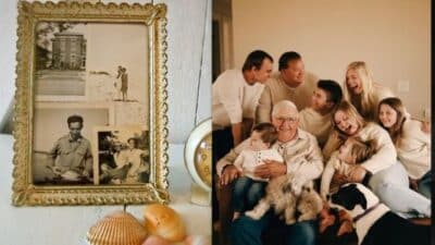 Framed vintage photos next to a joyful multigenerational family gathering with pets on a cozy couch.