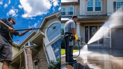 House and driveway pressure washing for exterior home cleaning. Curb appeal enhancement under a clear blue sky.