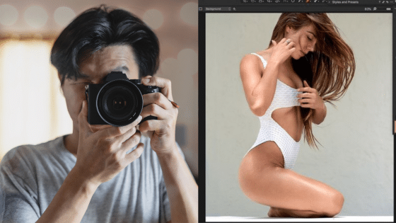 Man photographing woman posing in a white swimsuit, highlighting modern photography skills and fashion modeling.
