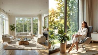 Bright, airy living room with a cozy armchair, large windows, and greenery, featuring a relaxed person soaking up sunlight.