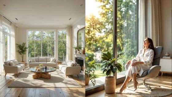 Viewing Deck Blog 1 Bright, airy living room with a cozy armchair, large windows, and greenery, featuring a relaxed person soaking up sunlight. | Sky Rye Design Bright, airy living room with a cozy armchair, large windows, and greenery, featuring a relaxed person soaking up sunlight.