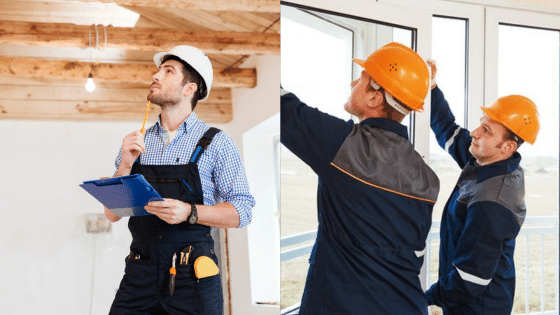Viewing Deck Blog 1 Construction workers inspecting ceiling and windows, wearing hard hats and holding tools. | Sky Rye Design Construction workers inspecting ceiling and windows, wearing hard hats and holding tools.