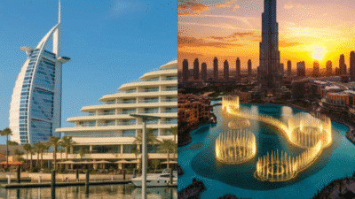 Iconic Dubai skyline featuring Burj Al Arab hotel and Dubai Fountain at sunset.