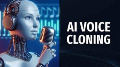 AI robot with microphone representing voice cloning technology.