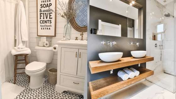 Viewing Deck Blog 1 Vintage and modern bathroom styles side by side, featuring chic decor and elegant fixtures. | Sky Rye Design Vintage and modern bathroom styles side by side, featuring chic decor and elegant fixtures.