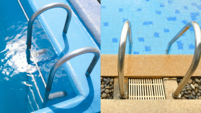 Stainless steel pool ladders in two tiled swimming pools under bright sunlight.