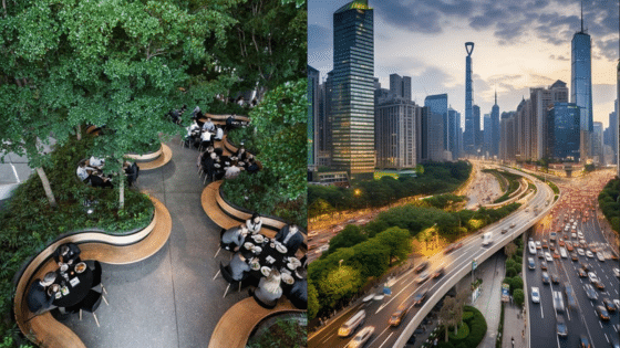 Viewing Deck Blog Modern outdoor dining and bustling city skyline at sunset, vibrant urban life and lush greenery in harmony. | Sky Rye Design Modern outdoor dining and bustling city skyline at sunset, vibrant urban life and lush greenery in harmony.