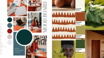 Mood board with Pantone colors, office setups, and nature tones for law firm design inspiration.