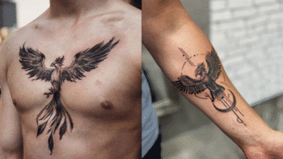 Phoenix tattoos on chest and forearm, depicting mythical bird in flight with detailed black ink design.