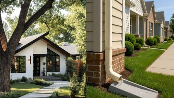 Modern suburban house with a sleek design nestled among trees, featuring a well-maintained lawn and gutter system.