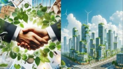 Handshake over renewable energy symbols and sustainable cityscape with wind turbines, representing eco-friendly collaboration.