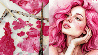 Watercolor portrait of a woman with pink hair beside a painting palette with brushes and pink paint strokes.