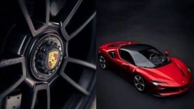 Close-up of a Porsche wheel and a red sports car on a dark background, showcasing luxury automotive design.