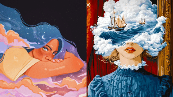 Surreal art: woman in waves, another with cloud head and ships, blending nature and fantasy elements.