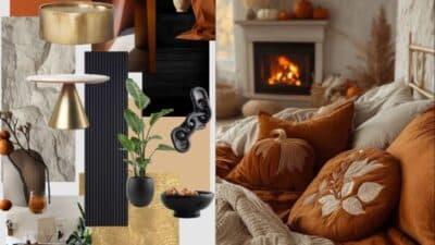 Cozy autumn-inspired interior design with warm tones, cushions, plants, and a lit fireplace for a relaxing atmosphere.